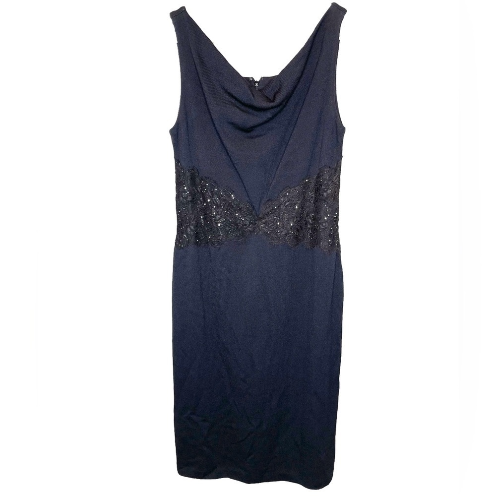 NWT St John Evening Santana Drape Neck Black Lace Middle Dress Dark Blue Size 12